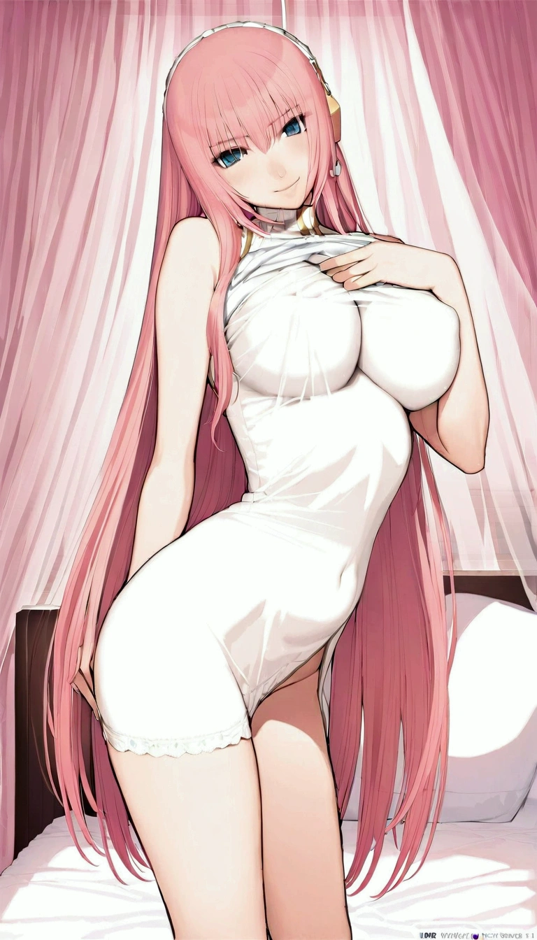 (((Browsing Caution:1.5))),{{Masterpiece:1.5}},{Detailed and beautiful depiction 1.5},Official Art,Beautiful adult woman ,Megurine Luka,Pink long hair,blue eyes,Large Breasts,Erotic smile temptation,Draw the whole body,bedroom