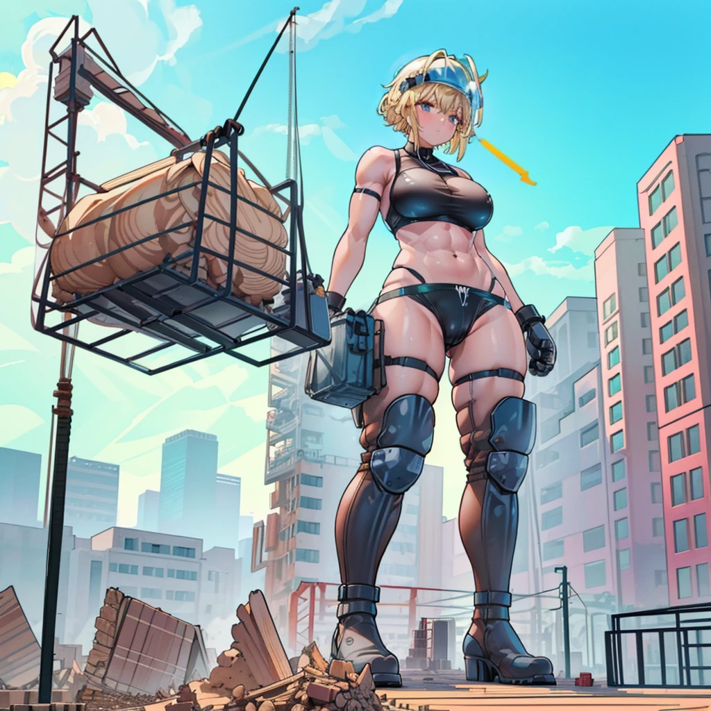giant girl Muscle girl Abdominal muscles Thick arms Female Giant Metropolis ((Giant girl working at a construction site)) ((construction site)) materials wood ((((Building under construction)))) Girl in bikini swimsuit ((Black short hair)) ((Safety helmet)) ((Safety boots)) ((Leather Handbags)) ((Heavy machinery)) Truck Excavator Rubble pile Outdoor masterpiece Unreal Engine