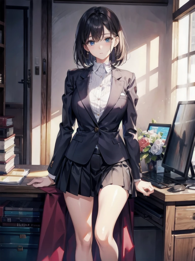 absurdres, RAW photo, extremely delicate and beautiful, masterpiece, Best Quality, ultra high resolution, 32k, hyperrealistic, ultra-detailed, perfect anatomy, super Detailed skin, perfect figure, Super Beauty, Perfect Style, Perfect balance, in her 20s, very Slim body, narrow waist, very small head, very small face, delicate facial features, tearful mole, earring, very huge round breasts, bare legs, medium hair, whole body shot, business suit, Jacket, blouse, short skirt, holding two katanas, ((Organic-Mechanical Temple)), indoor,