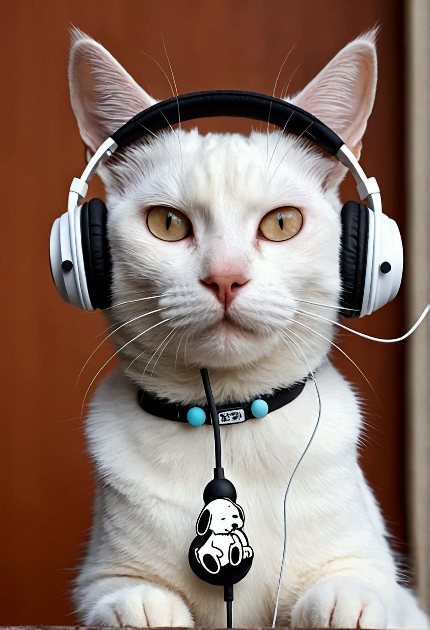 A cat wearing Snoopy-style earphones