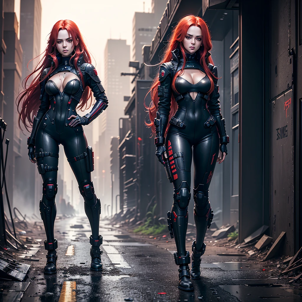 "Fantastic cyberpunk post-apocalyptic style. Beautiful cyborg girl with long red hair, dressed in a black android suit with a cleavage and small red details, stands vertically in front of the camera. Her hands are behind her back. The girl's face is very cute, She looks into the lens with a playful, with a slightly flirtatious look and a slight smile. Dark night background, with red flashes and lights, creating an atmosphere of slight sadness. The image horizon is flat. Primary colors - black and red."
