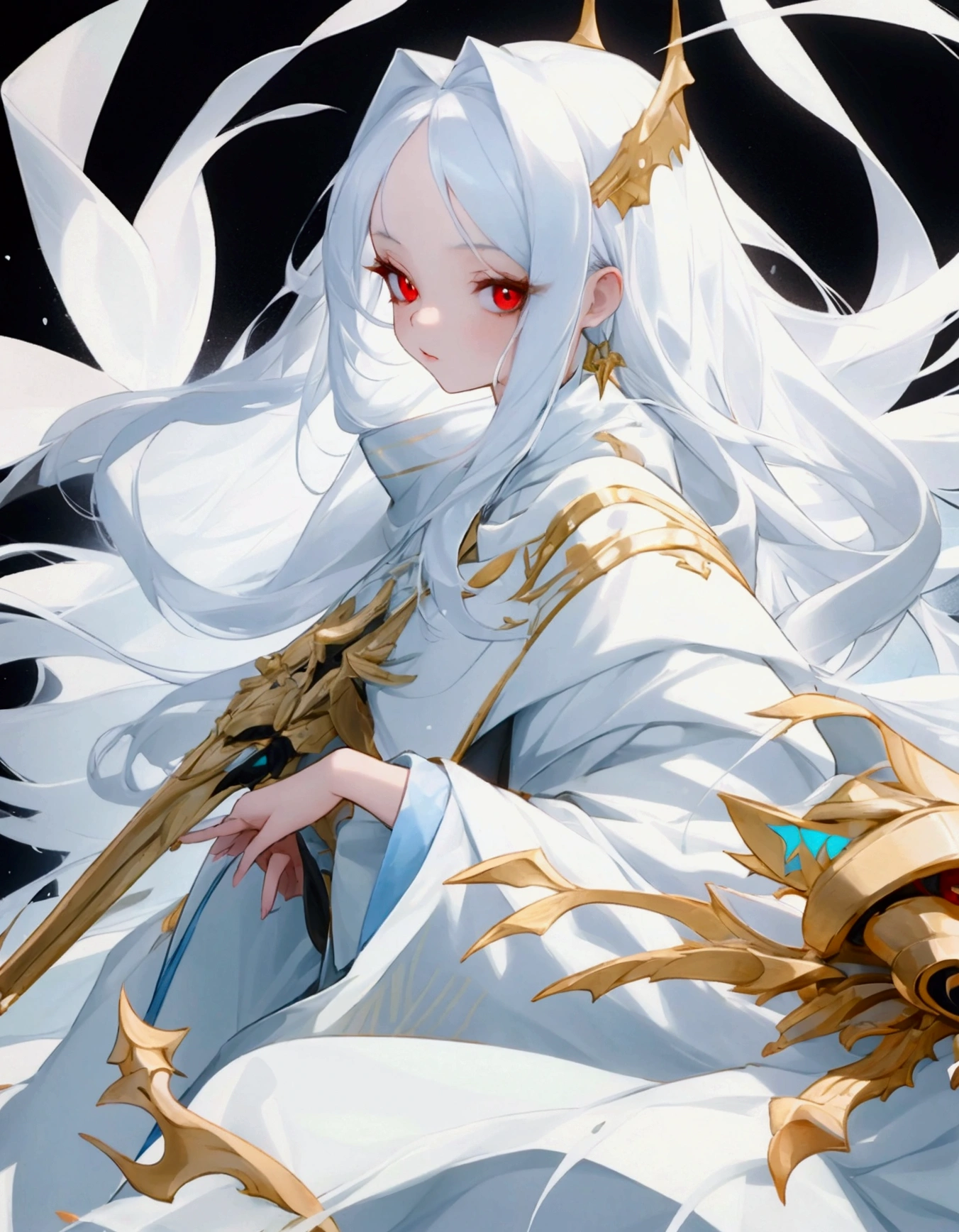cute girl, with long white hair and white and gold clothes along with beautiful cold red eyes and she is 20 years old