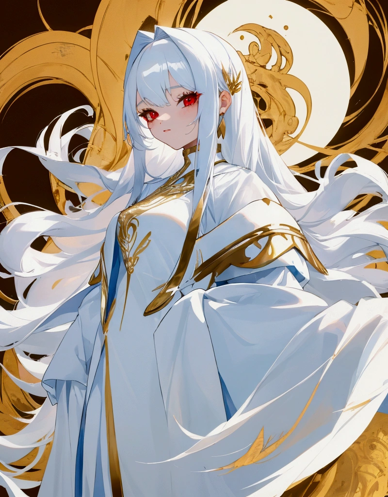 cute girl, with long white hair and white and gold clothes along with beautiful cold red eyes and she is 20 years old