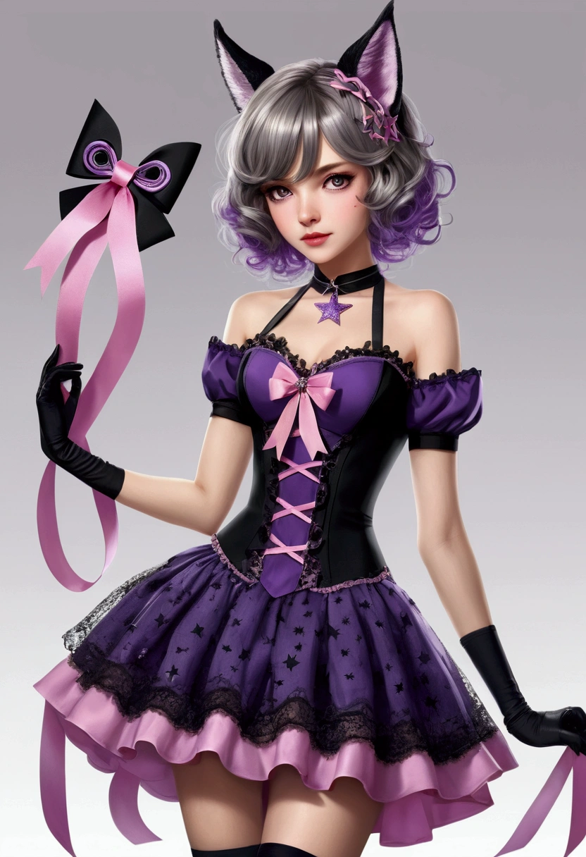 woman 170 cm tall, medium chest, wide hip, slim build, charming look, ((whole body)), (((character design sheet: front view))), (dark blonde hair, ((hip length wavy hair, asymmetrical bangs, star hairpin)), (She has a short braid tied with an elegant purple ribbon on the left side of her hair above her chest), (She has a short braid tied with an elegant purple ribbon on the right side of her hair above her chest), She has small hair bows in the back of her hair), ((Gray eyes with a pink 4-pointed star in the pupil)), (Two black and purple fox ears located on the top of the head), (Luminous black horizontal halo with purple star patterns above head), He has a black collar with a heart emblem on his neck., (Elegant long one piece dress, Thigh-length lace and ruffle skirt, large bow at the back of the hip, ribbon decorations and star patterns on the dress), black ruffled gloves, Black platform heels, gray belt at the waist with a large ribbon with a luminous pink heart in the middle, ((He has a succubus tail that ends in the shape of a purple heart)), (((It has complex mechanical legs that reach up to the thighs and are black with small purple details.))), beautiful detailed hair, beautiful detailed dress, extremely detailed arms, extremely detailed face, small face, Beautiful detailed eyes, beautiful detailed lips, adorable, extremely detailed legs, (Best Quality, 4k, high resolution), ultra detailed, Exquisite and epic character art, ((White background)), (Focus on symmetry).