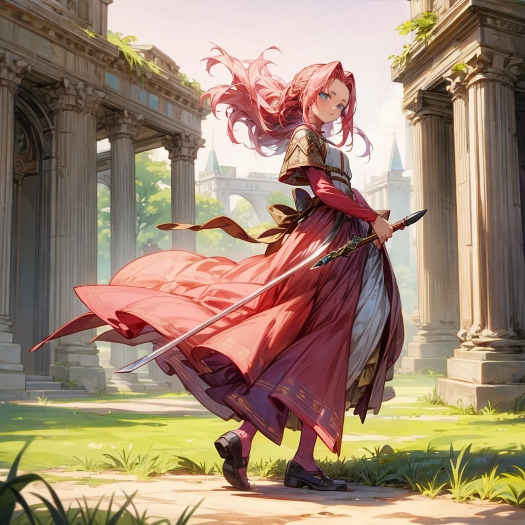 1girl, Full body version, 1character, blue eyes, long Curly haircut, pink colour hair, ancient roman style clothing, red colour clothing, Grassroots, background in field Castle, motion blur, (Hunter x Hunter style), sword in hand,