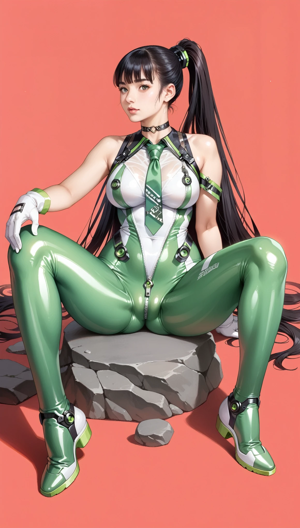 score_9,score_8_up,score_7_up,
very long hair,black hair,1girl,solo,(red background),spread long legs,full body,sitting on rock,,ruanyi0530,bare shoulders,android,black choker,bodysuit,zipper,green necktie,mechanical parts,sleeveless,white gloves,green necktie,see-through,green bodysuit,high ponytail, thick thighs, large breast, curvy hips