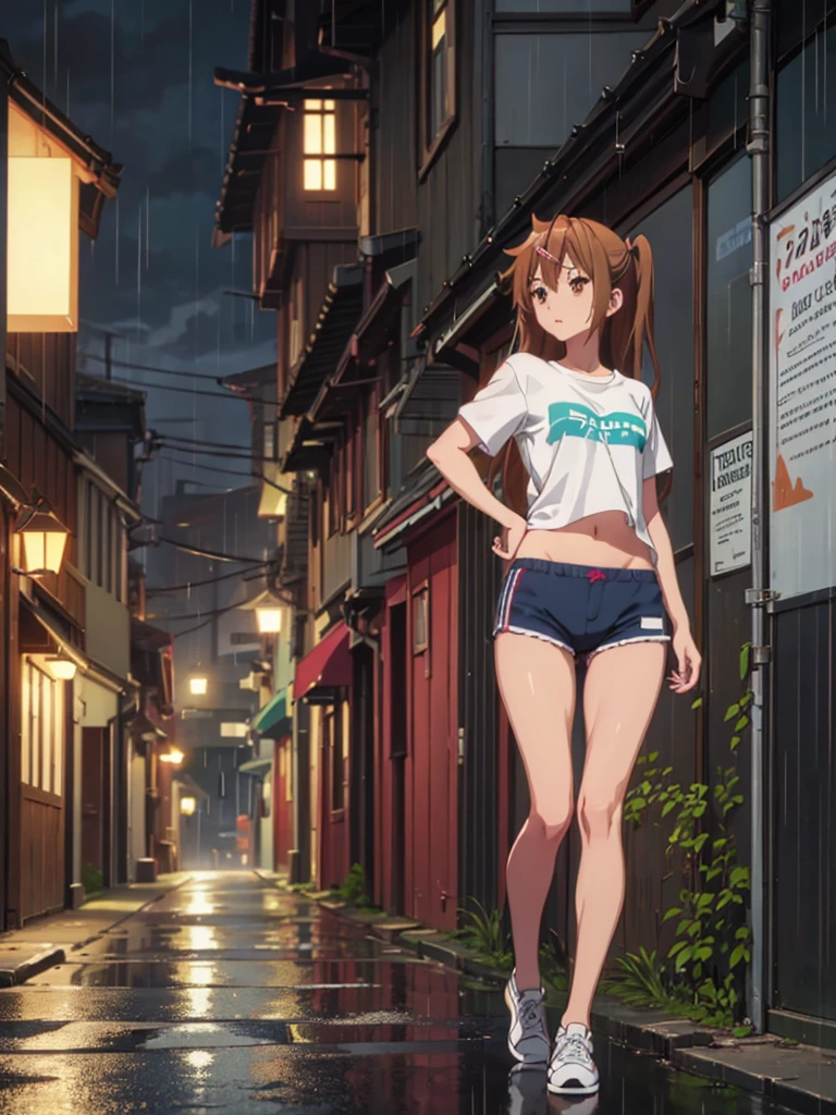Girl, thong ,t-shirt, Bare breasts, chest visible, street background, Narrow passage between houses, night, rain, slim body, In full growth, Sneakers , small breast