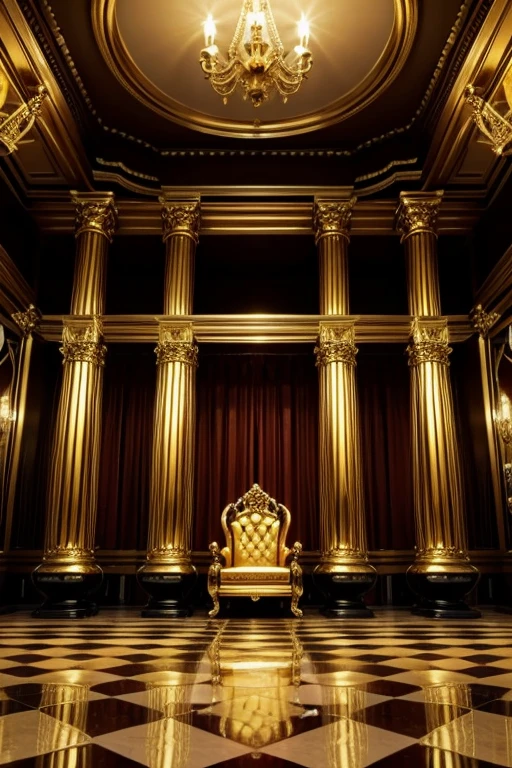 Make a room with a checkered floor, there is a throne on top of it there is a golden cauldron that releases a shining golden liquid
