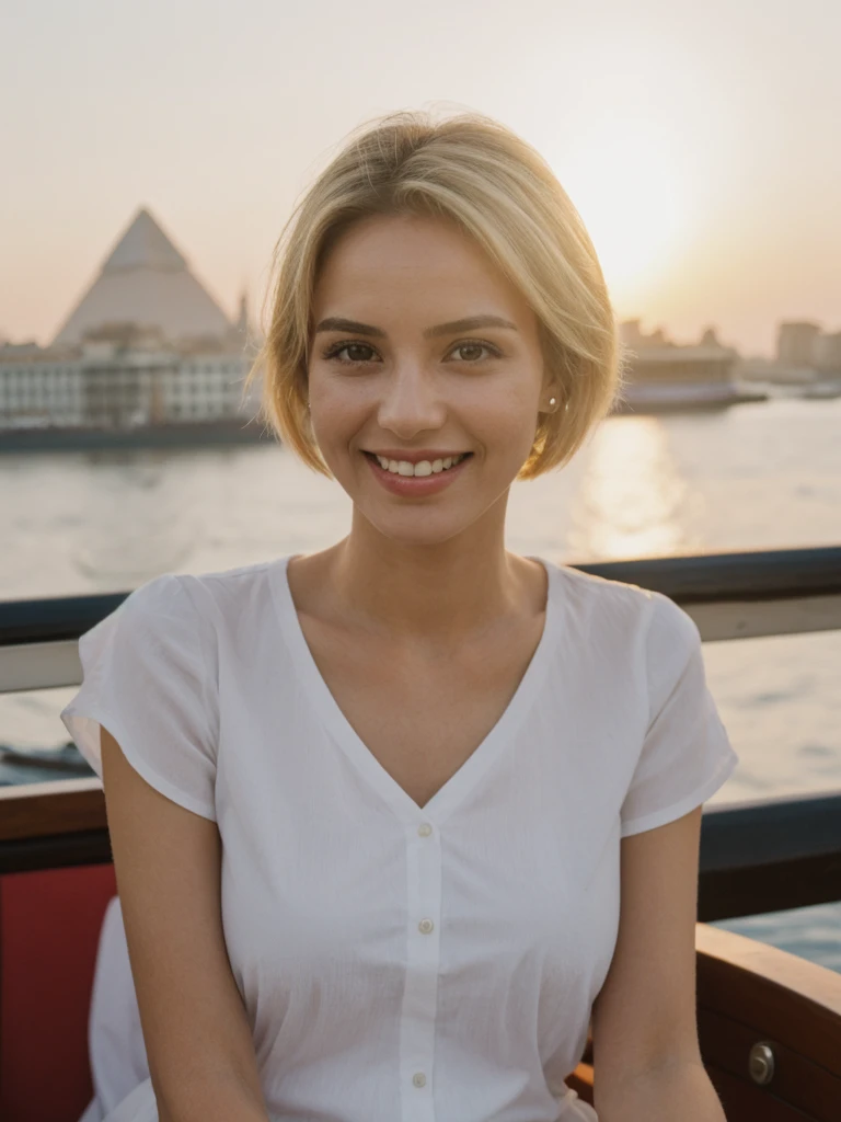 Mina, 1girl, solo, realistic, photorealistic, high quality picture, 8k, high resolution, detailed quality, film grain, natural photo, ultrarealistic, (((25-years-old))), ((detailed wrinkles in her face)), FRENCH, (Background: Nile River Cruises in Egypt), (((SLIM))), ((THIN)), (Slender) (blonde Short hair)), Light smile, fully clothed, Pose: Sitting, sunrise, full shot