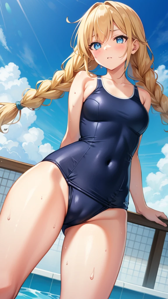 {{{masterpiece}}}, {{{best quality}}}, {{ultra-detailed}}, {illustration}, {{an extremely delicate and beautiful}}, (beautiful detailed eyes:1.6), extremely detailed face, 8k, anime face, Eiko Tsukimi(Ya Boy Kongming!), 1girl, solo, long hair, twin braids, braid, blonde hair, bangs, blush, blue eyes, medium , thin waist, big hips, curvaceous, plump thighs, BREAK,swimsuit, one-piece swimsuit, school swimsuit, old school swimsuit, (gris swimsuit:1.3), covered navel, collarbone, blue one-piece swimsuit, strap slip, BREAK, swimsuit aside, wet, pool, embarrassed, flushed cheeks, thighs, bare arms, cowboy shot, standing, outdoor, sky, daytime, Dutch angle, cameltoe, spread in from below