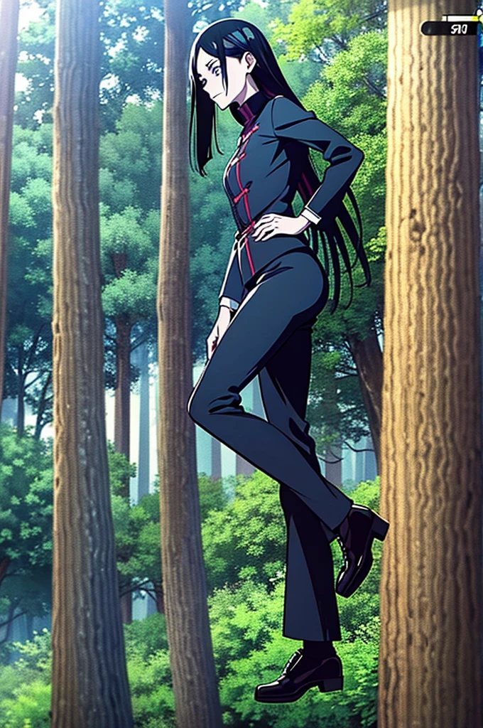 jujutsu kaisen screenshot of a woman with long straight black hair, with slanted and small blue eyes, In a forest, season 2, and with the jujutsu kaisen uniform 