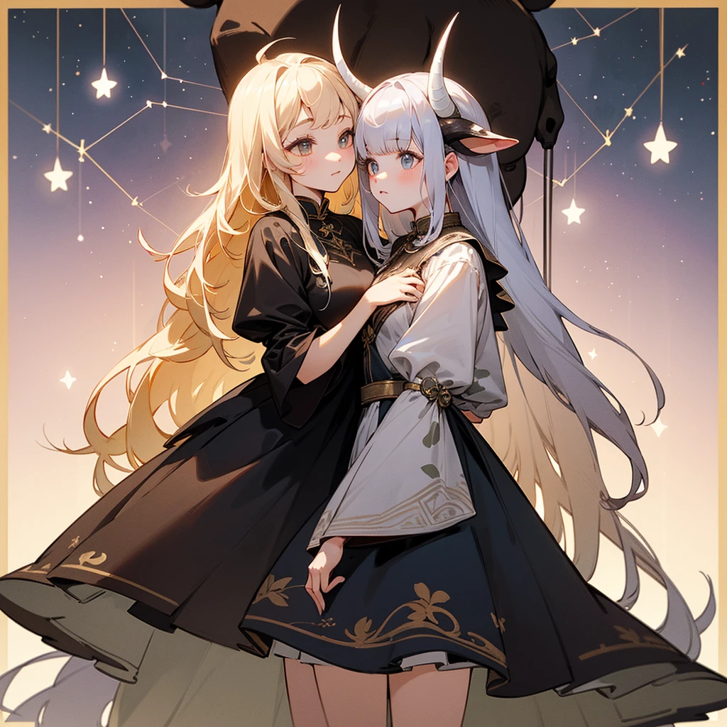 high resolution、Constellation motif、Taurus Girl、Cow horns growing from his head、White and、The black、She is wearing a cow print dress。Fantasy、beautiful、cute。Pop。