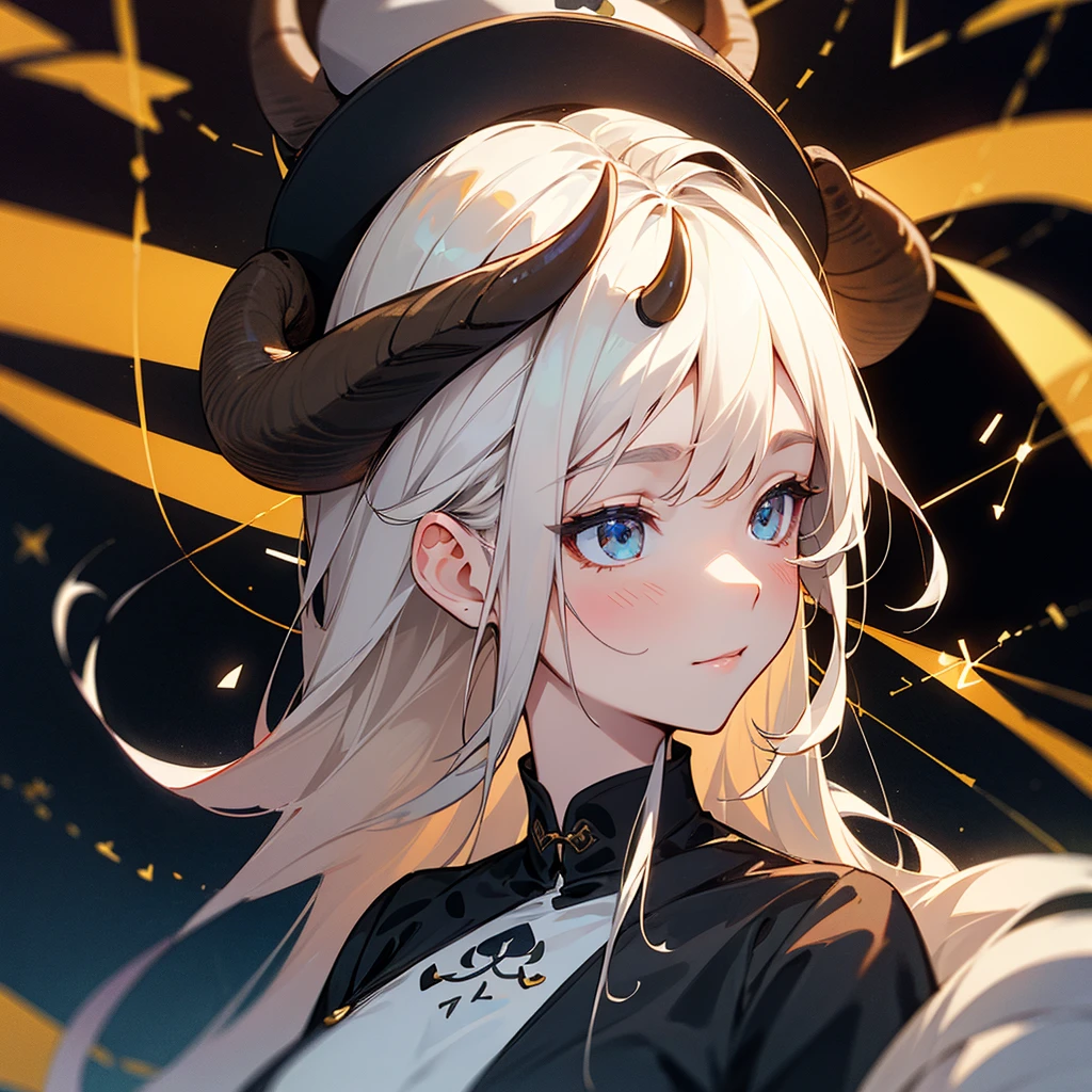 high resolution、Constellation motif、Taurus Girl、Cow horns growing from his head、White and、The black、She is wearing a cow print dress。Fantasy、beautiful、cute。Pop。