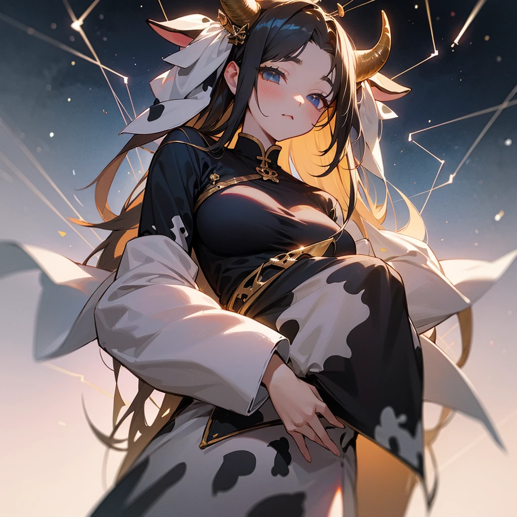 high resolution、Constellation motif、Taurus Girl、Cow horns growing from his head、White and、The black、She is wearing a cow print dress。Fantasy、beautiful、cute。Pop。
