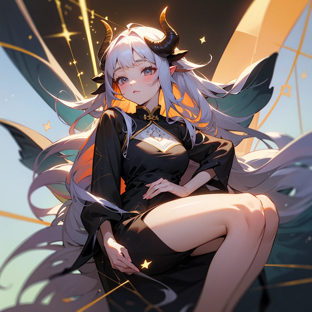 high resolution、Constellation motif、Taurus Girl、Cow horns growing from his head、White and、The black、She is wearing a cow print dress。Fantasy、beautiful、cute。Pop。