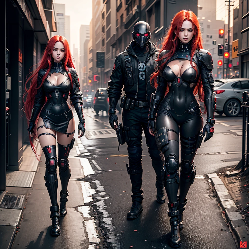 "Fantastic cyberpunk post-apocalyptic style. Beautiful cyborg girl with long red hair, dressed in a black android suit with a  and small red details, stands vertically in front of the camera. Her hands are behind her back. The girl's face is very cute, She looks into the lens with a playful, with a slightly flirtatious look and a slight smile. Dark night background, with red flashes and lights, creating an atmosphere of slight sadness. The image horizon is flat. Primary colors - black and red."