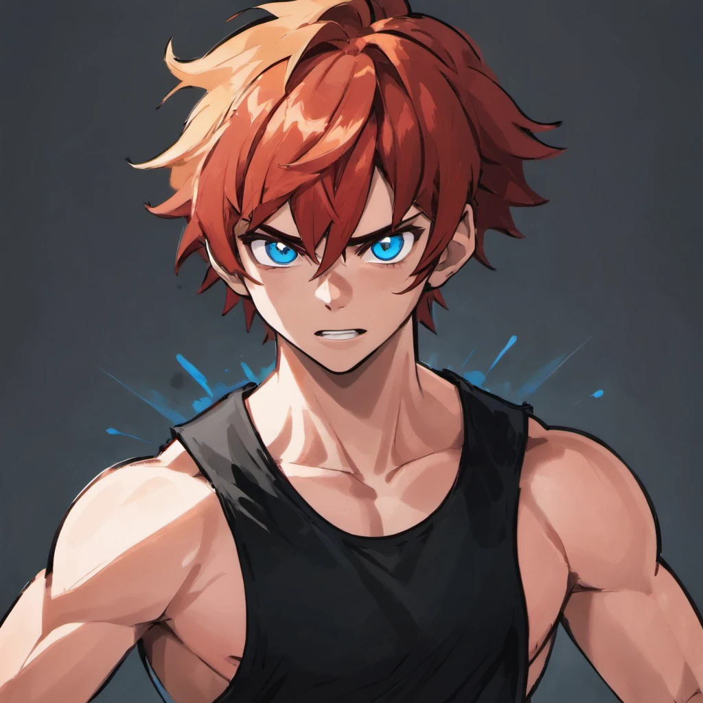 Buff teenage boy, shaggy red hair, blue eyes, short pointed ears, black crop top