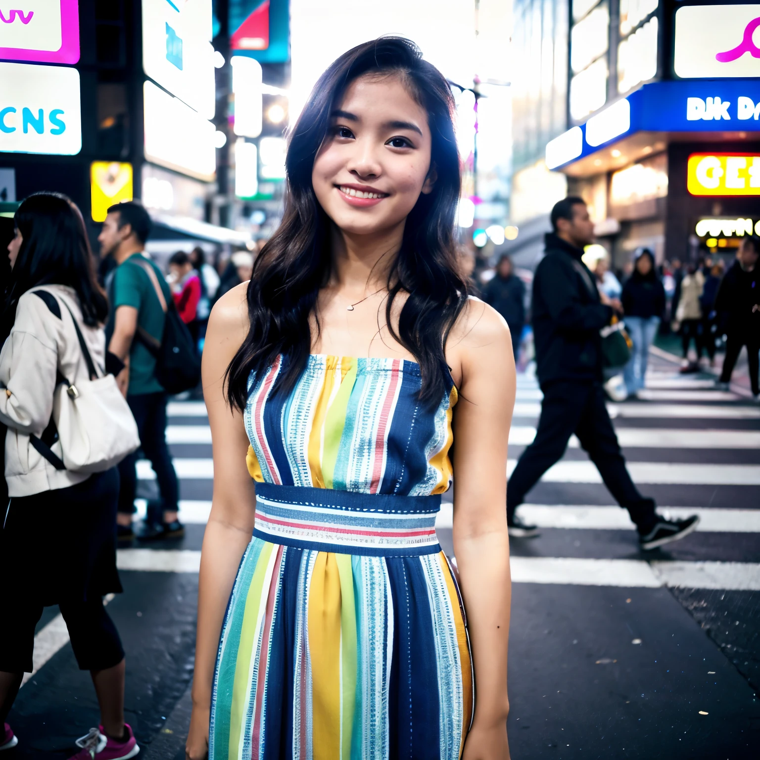 ((best quality)), ((masterpiece)), (detailed), full body portrait of a young latin woman with wavy dark hair, flawed skin and a slender body type, wearing a long blue based colorful dress, posing standing up with a smile on her face, with the famous Shibuya crossing behind her, many people crossing around her, long exposure shot,  
