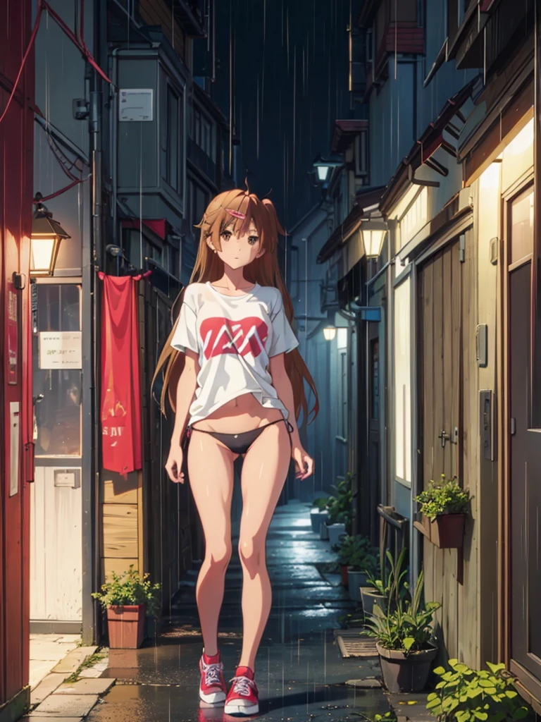Girl, thong ,t-shirt, Bare breasts, chest visible, street background, Narrow passage between houses, night, rain, slim body, In full growth, Sneakers , small breast