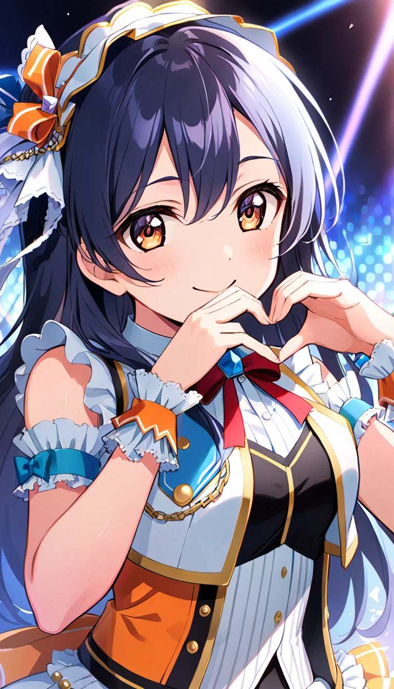 1girl, umi_sonoda, upper body, idol costume, smile, id_umi_sonoda,making her heart-shaped hands