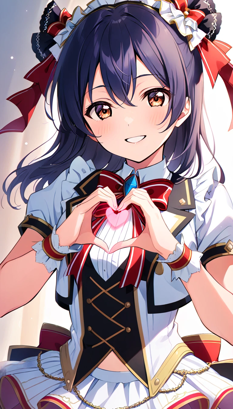 1girl, umi_sonoda, upper body, idol costume, smile, id_umi_sonoda,making her heart-shaped hands
