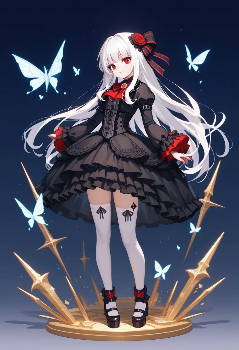 masterpiece, top-quality, masterpiece, top-quality,ighly detailed,{top-quality}, {{masterpiece}}, {hight resolution},original, {extremely delicate and beautiful},masterpiece, top-quality,ighly detailed,{top-quality},white hair, gothic lolita, full body, standing, white thighhighs, short dress, black dress,