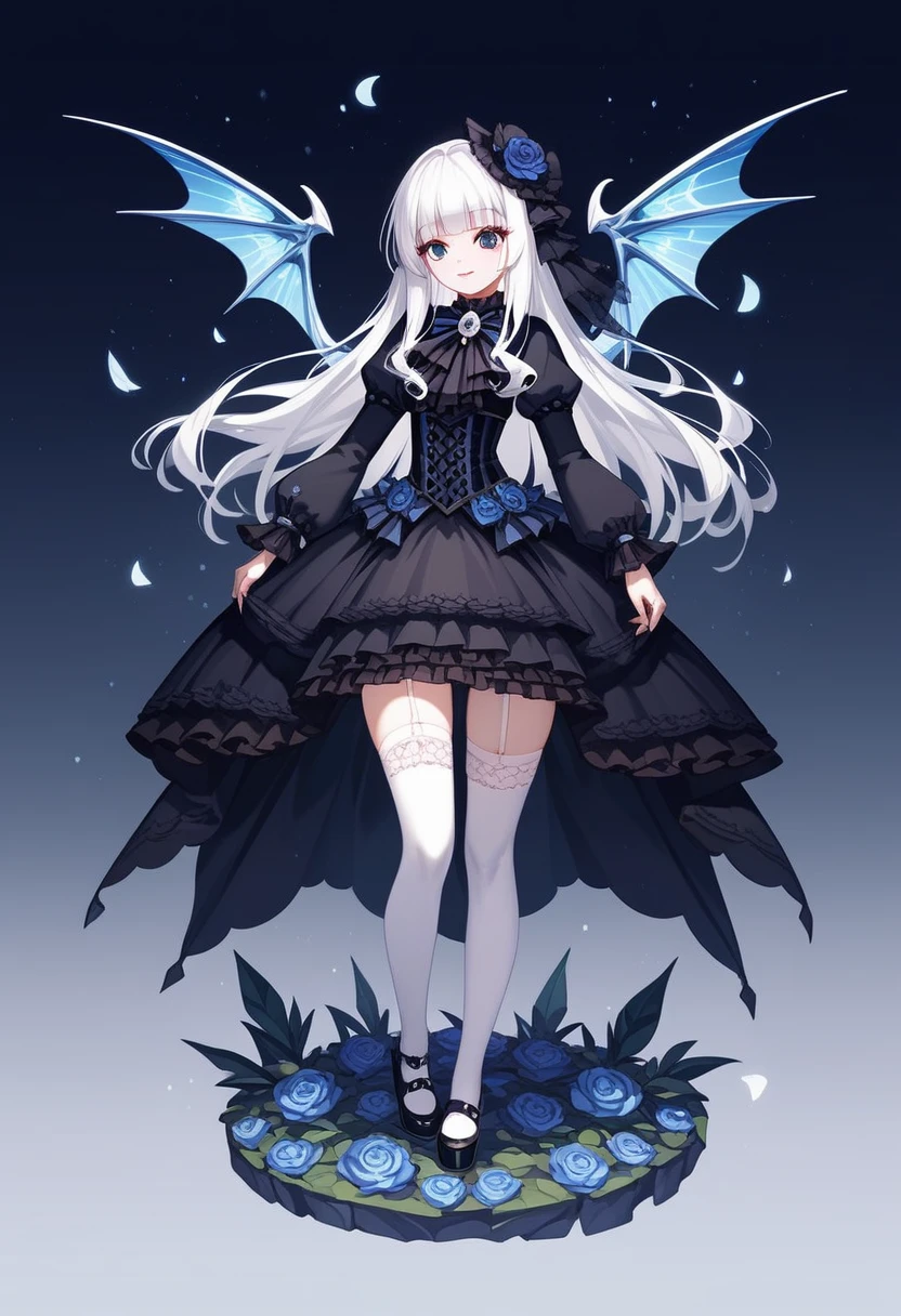 masterpiece, top-quality, masterpiece, top-quality,ighly detailed,{top-quality}, {{masterpiece}}, {hight resolution},original, {extremely delicate and beautiful},masterpiece, top-quality,ighly detailed,{top-quality},white hair, gothic ta, full body, standing, white thighhighs, short dress, black dress,
