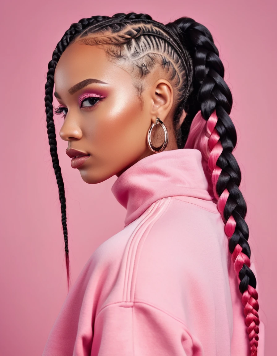 Full body, a close up of a person with a pink sweatshirt and a pink sweatshirt, a picture by Dr. Atl, trending on dribble, afrofuturism, red intricate long braids, complex design hair, unique hair designs, cornrows, mixed styles, cornrows braids, red braided hair, elegant fantasy style braids, long cornrows, detailed hair, intricate!!!!! professional