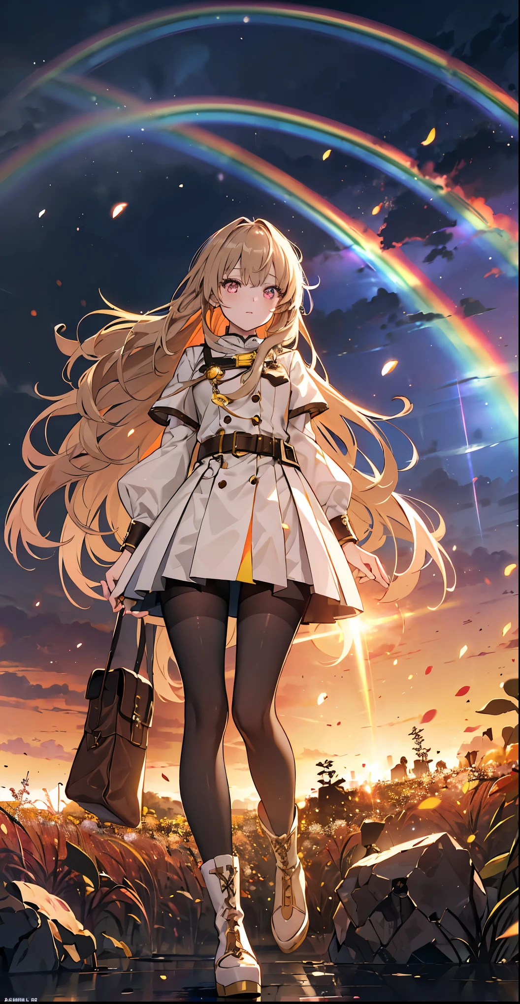 girl, Light brown long hair, Big pink eyes, Otome Kei, Beige pantyhose, Platform heeled boots, Perfect skin, A perfect face, The most beautiful thing, super Beautifully, {Extremely detailed 8k CG unit wallpaper}, Wide-ranging landscape photography, (Watch from below,Focus on character and setting), (Broader horizons), (Low angle shot), (emphasize: 1.2), (Low light: 1.5), (Warm light source: 1.6), Intricate details, (Rainbow Colors: 1.2), (Bright Lights), (Atmospheric lighting), Dreamy, magic, Beautifully