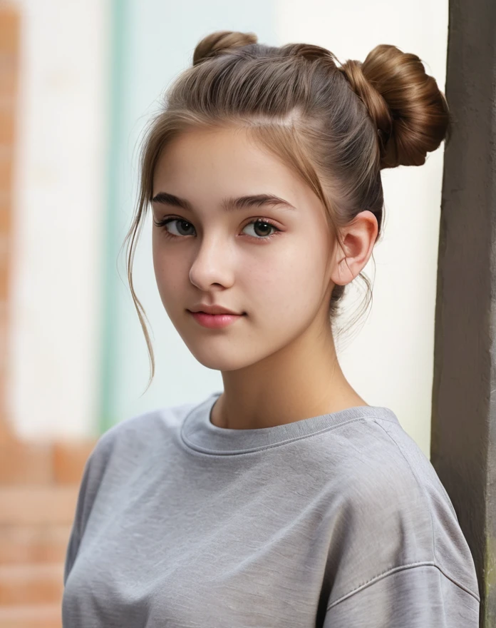 linda , 17 yr old, PICTURE REALISTIC, high resolution photo, Light brown bun hair, adolescent, short clothes