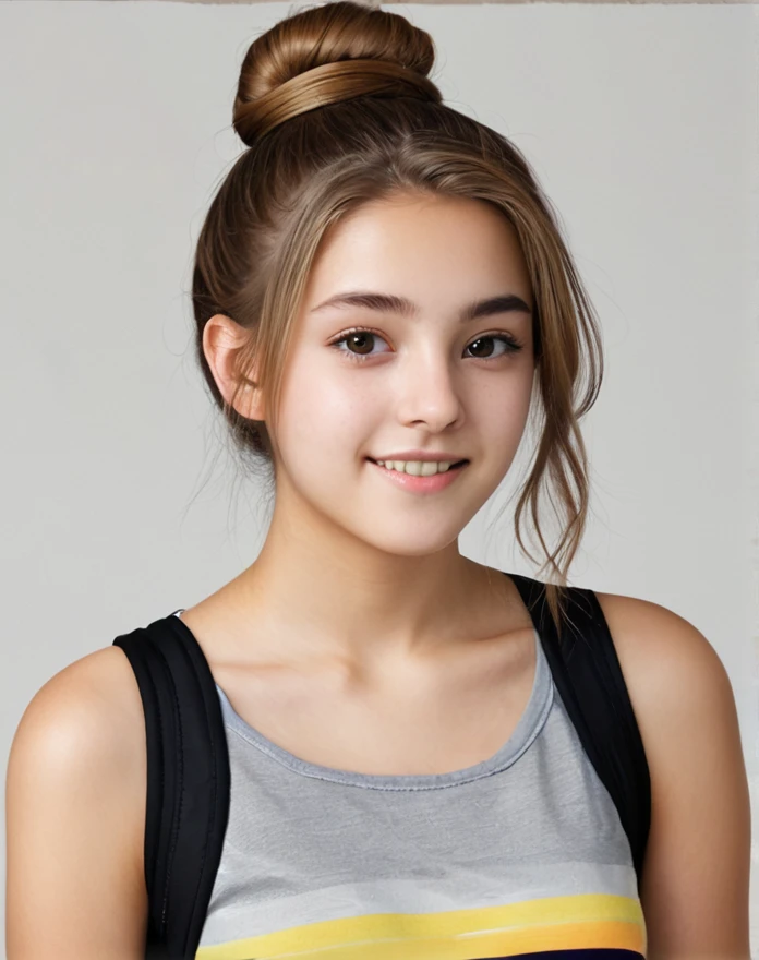  linda , 17 yr old, PICTURE REALISTIC, high resolution photo, Light brown bun hair, adolescent, short clothes