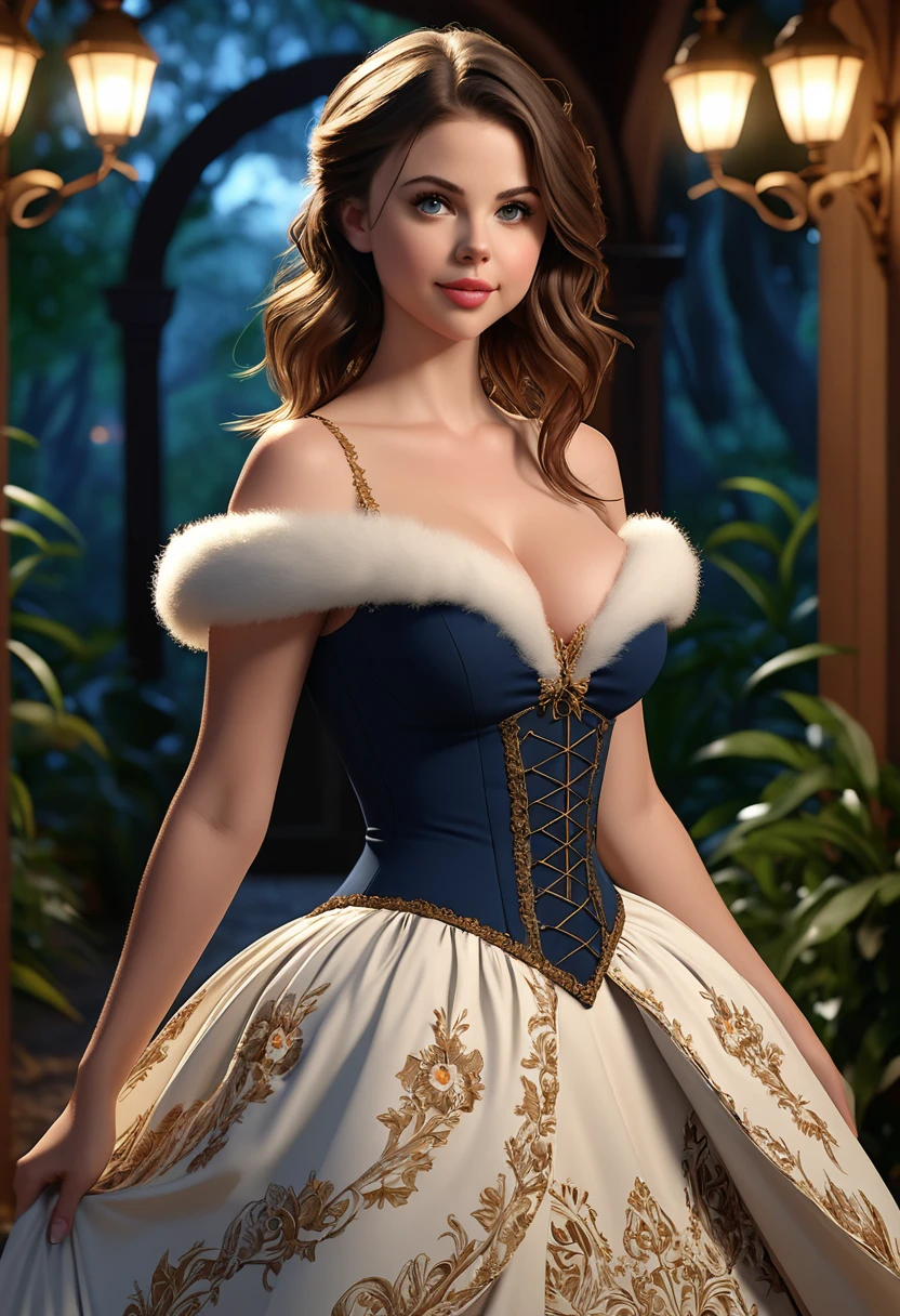 A beautiful Aristacrat woman with large elegant, hawk-like-nose, who embodies old fashioned class, undershoulder dress hemmed is fluffy animal fur. sophistication, elgance as well as wholesome, natural beauty. curvy, thin-waist, wide-hips, swaying-hips. ALison Brie, Scarlett Johanson, Selena Gomez. Oppulent historically accurate victorian dress. Wide Smile, Eyes Detailed & Wide, sexy Pose. Ultra HD, Rococo-Inspired Fantasy Art With Intricate Details. Cute, dress. Charming Expression, Alluring-Gaze, looking at viewer Beautiful Eyes, An-Ideal-Figure. Large Youthful Well-Shaped-Breasts, Attractive ass showcased. Massive-Round-Bosom, Décolletage. slim waist, fit body, full lipsWarm lights , woman in a dreamy forest at night, with fluffy hair, delicate face, realistic, real, slim, large aperture, sexy shots, attractive poses,Stunnin gly beautiful merge of , Sydney Sweeney Scarlett Johanson, . symmetrical face, photorealistic, photography, path tracing, specular lighting, volumetric face light, path traced hairmaximum quality{(masutepiece) (8K High Resolution) (top-quality)