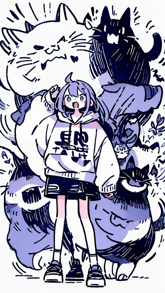 Scratch Art、girl、Oversized hoodie、Fighting Pose, long hair, ponytail, tsurime, eyeball, skin fang, UHD, best quality, highres, 8k