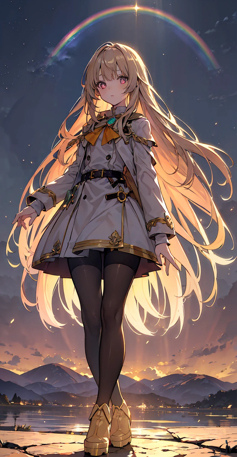 girl, Light brown long hair, Big pink eyes, Otome Kei, Beige pantyhose, Platform heeled boots, Perfect skin, A perfect face, The most beautiful thing, super Beautifully, {Extremely detailed 8k CG unit wallpaper}, Wide-ranging landscape photography, (Watch from below，Focus on character and setting), (Broader horizons), (Low angle shot), (emphasize: 1.2), (Low light: 1.5), (Warm light source: 1.6), Intricate details, (Rainbow Colors: 1.2), (Bright Lights), (Atmospheric lighting), Dreamy, magic, Beautifully