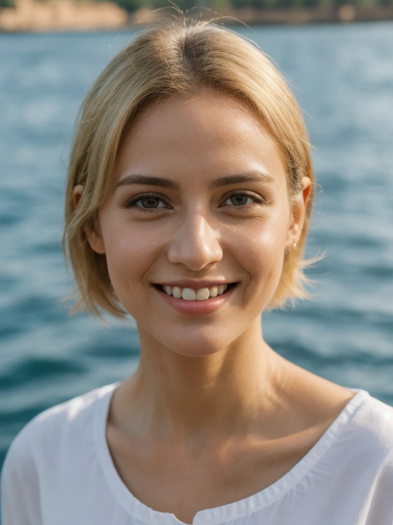 Mina, 1girl, solo, realistic, photorealistic, high quality picture, 8k, high resolution, detailed quality, film grain, natural photo, ultrarealistic, (((25-years-old))), ((detailed wrinkles in her face)), FRENCH, (Background: Nile River Cruises in Egypt), (((SLIM))), ((THIN)), (Slender) (blonde Short hair)), Light smile, fully clothed, Pose: Sitting, sunrise, full shot