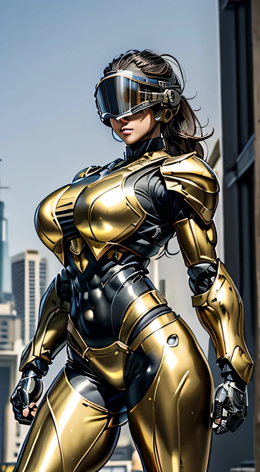 Female Robocop Solo、Bright outdoors、strong light source、8K, high quality, masterpiece, 最high quality, Crisp contrast、Very detailed、Full body armor、Very large armor、Helmet covering the head、Clear photos、The eyes are hidden by thin, translucent straight goggles.:1.3、The lower half of the face is raw々Shii:1.5、The lower half of the face is exposed、Seductive lips、Light yellow metallic armor、Black accent color、Armor that completely covers the chest、Long, slender legs、Vibrant Posselo Body View,Big and ample breasts:1.5, (Sports Body:1.5)、Five Fingers、Hold a handgun、In the city