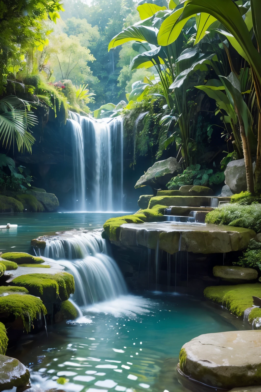 A stunning 3D watercolor landscape featuring a cascading waterfall within a ceramic bowl, surrounded by lush greenery. The waterfall flows over smooth rocks and into a pool below, where it reflects the vibrant colors of the scene. Calla lily flowers in various shades of green and white are intertwined with the greenery, adding a touch of elegance to the composition. The overall atmosphere is serene and inviting, evoking a sense of tranquility and harmony with nature.