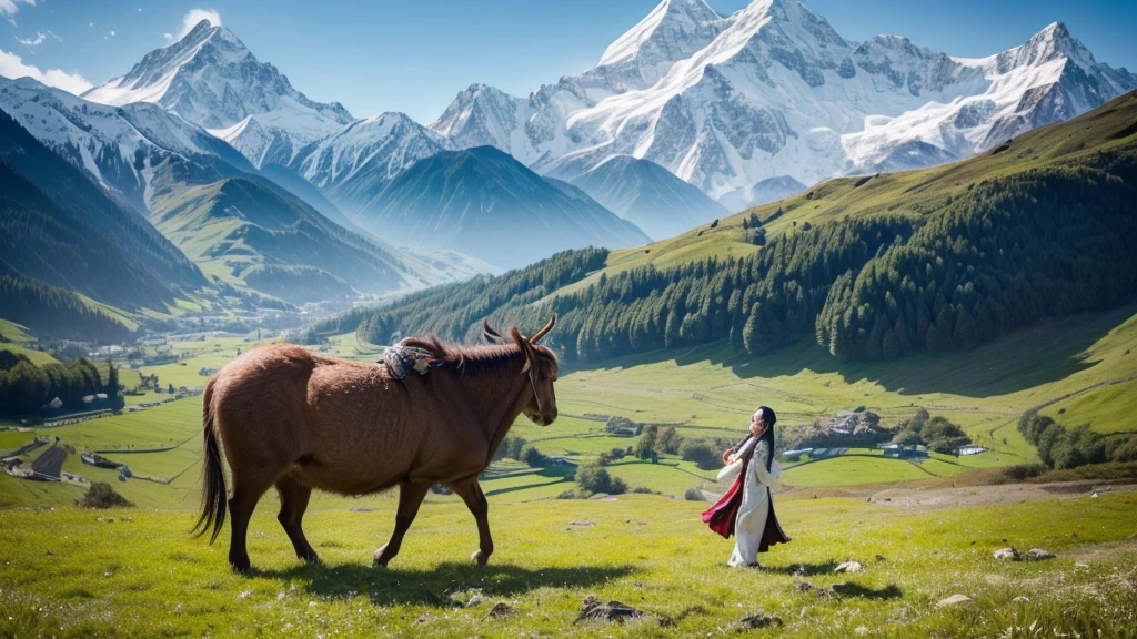 1girl, beautiful tibetan girl, lush green meadow, snow-capped mountains, holding fresh mushrooms, detailed flawless skin, intricate traditional jewelry, flowing hair, (best quality,4k,8k,highres,masterpiece:1.2),ultra-detailed,(realistic,photorealistic,photo-realistic:1.37),vibrant colors, natural lighting, cinematic composition, environmental portrait, stunning landscape