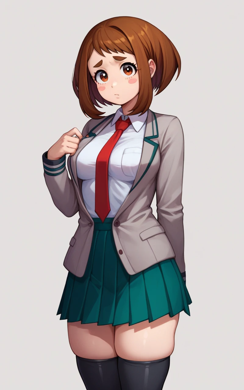 1girl, solo, two heads, conjoined, Uraraka Ochako, thick_eyebrows blush_stickers, brown_hair, brown_eyes, short_hair, sideburns, shiny hair, medium breasts, skindentation +++ :D  +++ u.a._school_uniform, grey_jacket long_sleeves, white_shirt red_necktie, mos green pleated_skirt, black stocking  Sky Kingdom, score_9, score_8_up, source_anime