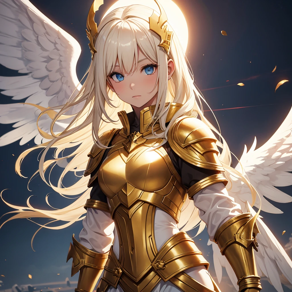 White beautiful angel. Blonde. Gold armor. Blood. Holy war. Sky. Eclipse.