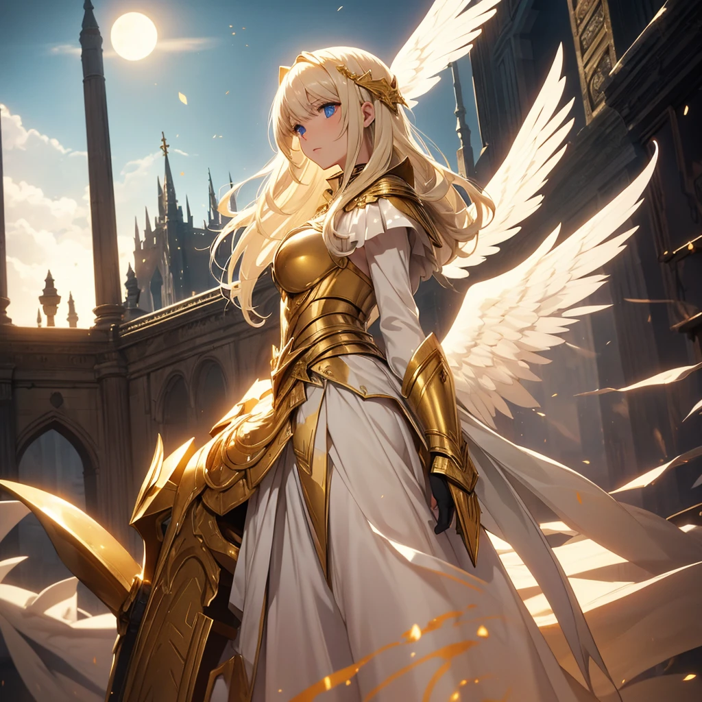 White beautiful angel. Blonde. Gold armor. Blood. Holy war. Sky. Eclipse.