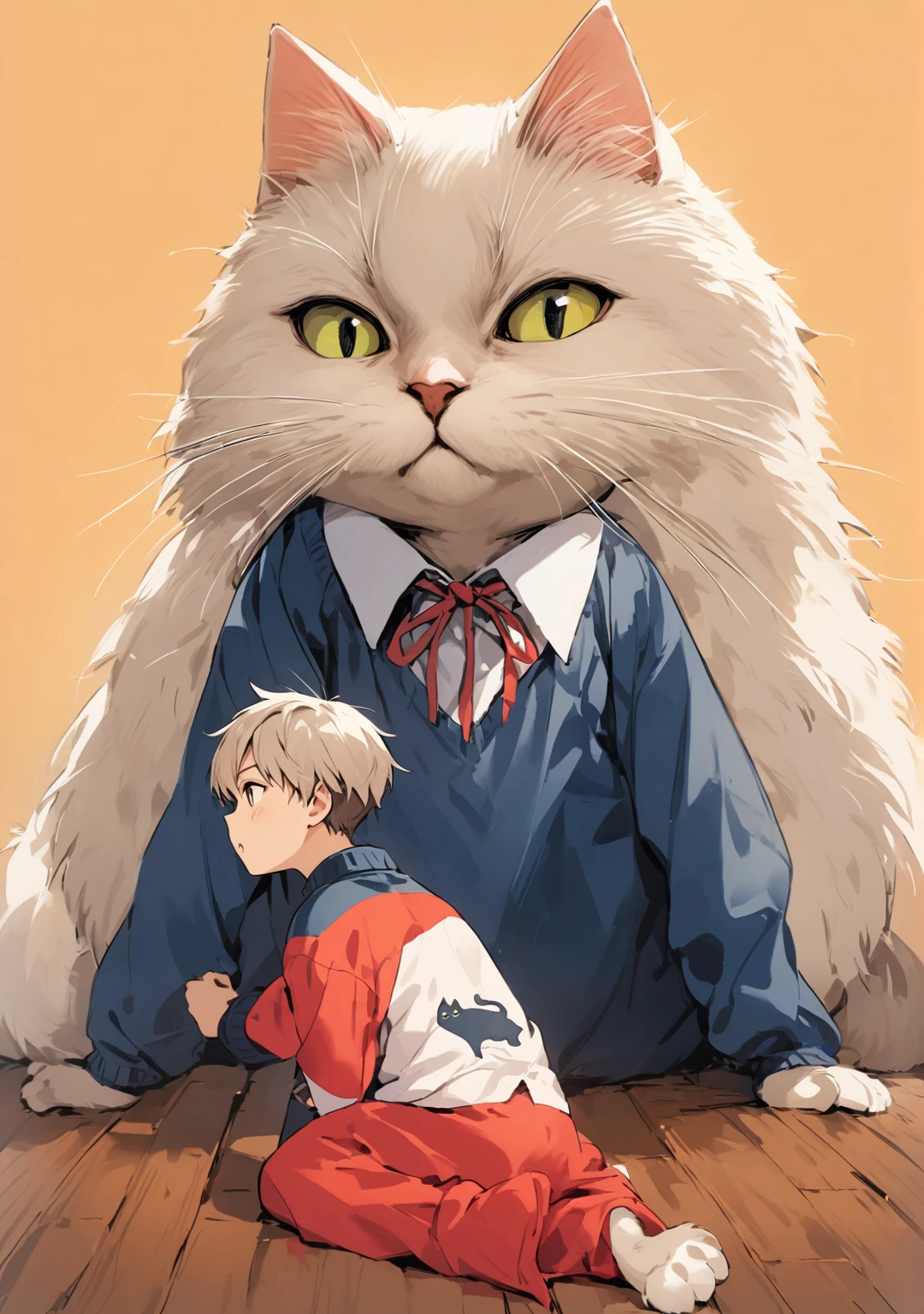 giant cat and young boy, he is panting the cat as model, different pose and angle