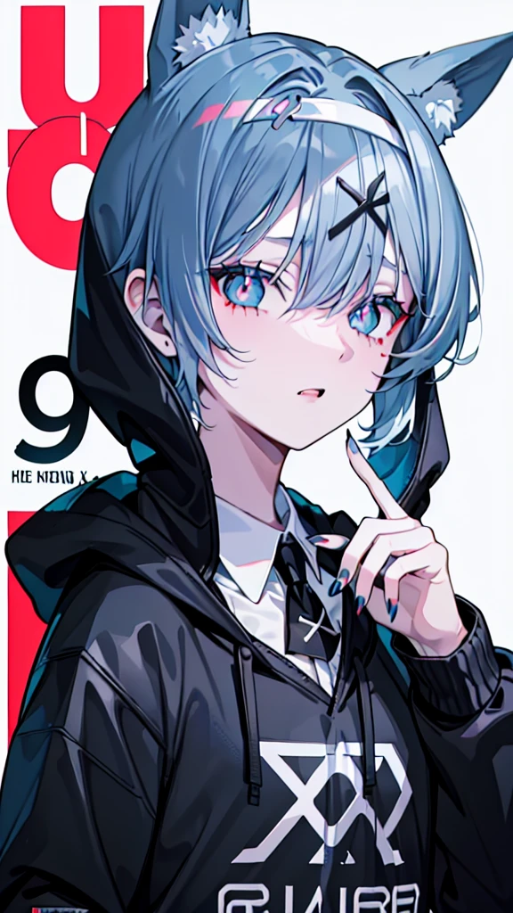 ((1boy)), (Wearing a blue shark tail hoodie), (Boy Messy Japanese Round Haircut for Thick Hair), (blue nails), (blue hair), black shorts, ((solo)), (magazine:1.3), (cover-style:1.3),  simple background,hair ornament, blue hair, rabbit ears, playboy bunny, bangs, leotard, blue eyes, x hair ornament, detached collar score_9, score_8_up, score_7_up, best quality, masterpiece, 4k, perfect lighting, very aesthetic, GOTH GIRL, (red pupils with X shape:1), x-shaped pupils, Ultra-detail,(highres:1.1),best quality,(masterpiece:1.2), cinematic lighting, (detailed face and eyes:1.2), 