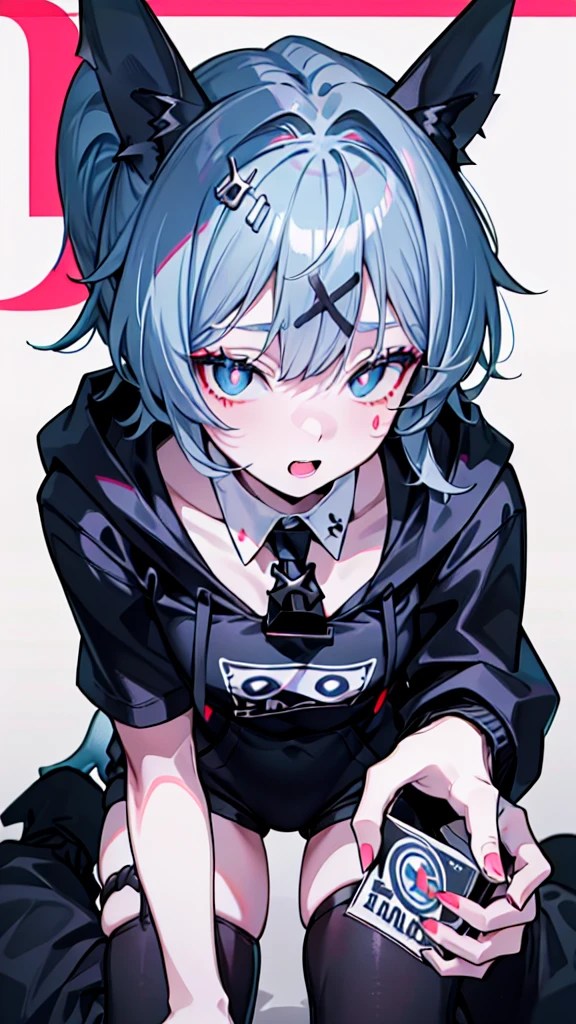 ((1boy)), (Wearing a blue shark tail hoodie), (Boy Messy Japanese Round Haircut for Thick Hair), (blue nails), (blue hair), black shorts, ((solo)), (magazine:1.3), (cover-style:1.3),  simple background,hair ornament, blue hair, rabbit ears, playboy bunny, bangs, leotard, blue eyes, x hair ornament, detached collar score_9, score_8_up, score_7_up, best quality, masterpiece, 4k, perfect lighting, very aesthetic, GOTH GIRL, (red pupils with X shape:1), x-shaped pupils, Ultra-detail,(highres:1.1),best quality,(masterpiece:1.2), cinematic lighting, (detailed face and eyes:1.2), 