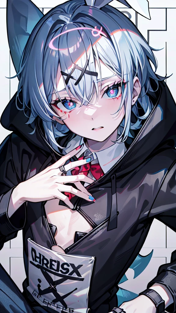 ((1boy)), (Wearing a blue shark tail hoodie), (Boy Messy Japanese Round Haircut for Thick Hair), (blue nails), (blue hair), black shorts, ((solo)), (magazine:1.3), (cover-style:1.3), simple background,hair ornament, blue hair, rabbit ears, playboy bunny, bangs, leotard, blue eyes, x hair ornament, detached collar score_9, score_8_up, score_7_up, best quality, masterpiece, 4k, perfect lighting, very aesthetic, GOTH GIRL, (red pupils with X shape:1), x-shaped pupils, Ultra-detail,(highres:1.1),best quality,(masterpiece:1.2), cinematic lighting, (detailed face and eyes:1.2),