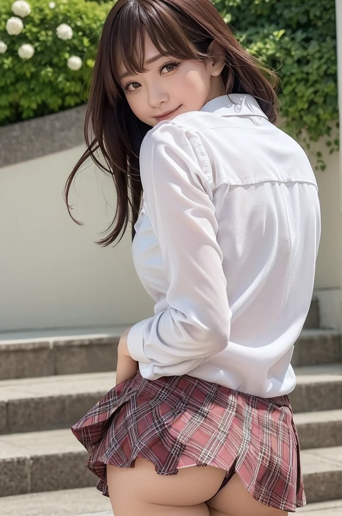((masutepiece, Best Quality, hight resolution, nffsw, Perfect Pixel, 4K, nffsw, nffsw))), 1girl in, Single, Solo, Beautie、full body seen、 ((Middle Wave Hair, Bangs, Brown hair)), ((Brown-eyed, Beautiful eyelashes, Realistic eyes)), ((Detailed face, Blushing:1.2)), ((Smooth texture:0.75, Realistic texture:0.65, Photorealistic:1.1, )), medium breasts, Dynamic Angle, Perfect body, ((red bowtie, , , White shirt, Black skirt, plaid skirts)), City staircase、Looking up from the bottom of the stairs、Very embarrassing panic smile、Open your mouth and be surprised、 turned around、bending forward、(The wind flipped my skirt and exposed my butt........................、stick out your butt、Touching the buttocks with both hands、Light Pink Lace Panties)、