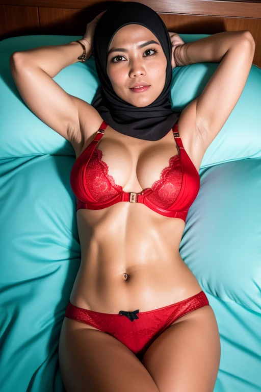 matured malay woman in hijab wear red lace bra and panties sleeping in bed portrait photography, lying in bed naked, mid shot photo, ultra detail, professional photograph with professional lighting, smile, light blue bed, bedroom, sexy seducing sleep pose, slim,