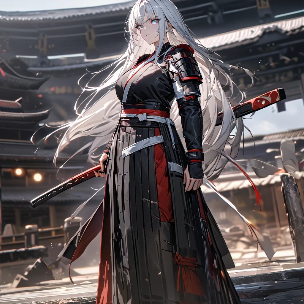 A woman wearing a black samurai kimono with white details, samurai shoulder pads, holding a red odachi, odachi without sheath, standing, white hair, long hair, red and blue eyes, multicolored eyes, serious face, big breast, on a concrete platform, scene in Japanese aesthetics,,UHD , prime work , accurate , anatomically correct , textured skin , super details , high quality , best quality, 8k, high resolution, bokeh effect. (woman alone), close view.
