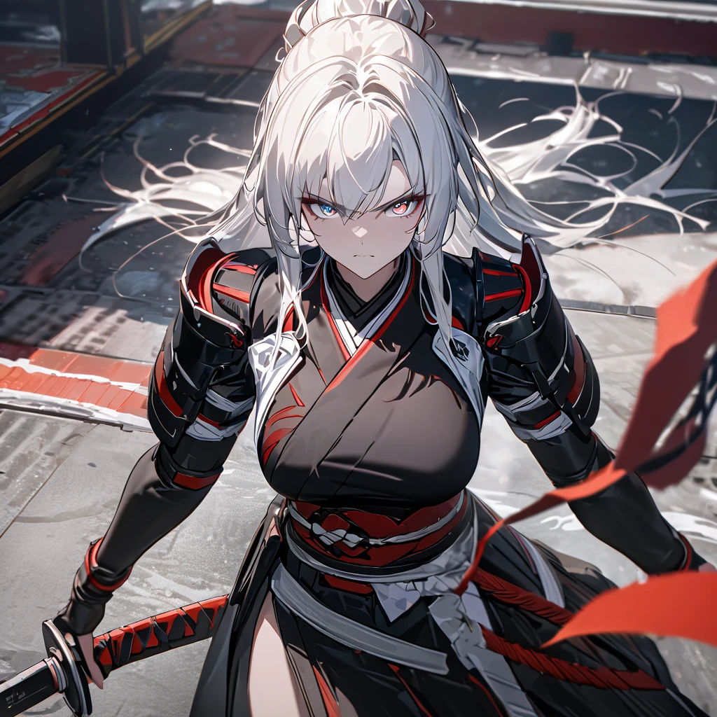 A woman wearing a black samurai kimono with white details, samurai shoulder pads, holding a red odachi, odachi without sheath, standing, white hair, long hair, red and blue eyes, multicolored eyes, serious face, big breast, on a concrete platform, scene in Japanese aesthetics,,UHD , prime work , accurate , anatomically correct , textured skin , super details , high quality , best quality, 8k, high resolution, bokeh effect. (woman alone), close view.
