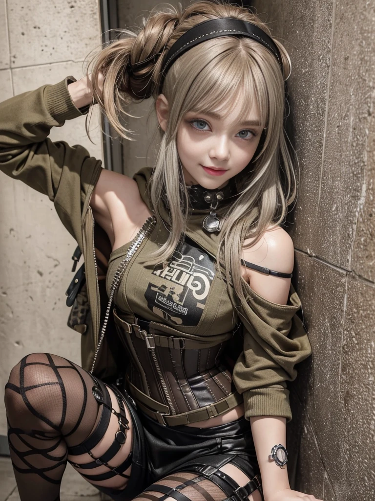 (Smiling with teeth showing:1.3),(Shibuya Gal:1.5)、(Beautiful:1.5)、(Neo-goth fashion:1.5)、(Punk RockVisual Kei:1.5)、(An off-the-shoulder hoodie in khaki and brown with delicate silver accessories.:1.5)、(A corset with a delicate beige and brown design:1.4)、(Dark grey, khaki and brown snakeskin bodysuit:1.5)、(Snake print headband:1.3)、(Beige and charcoal knee socks:1.4)、Embellished collar and long boots、(I'm selling snake print underwear.:1.4)、(Long eyelashes:1.3)、(Age 25)、((Highest quality、8k、masterpiece:1.3))、1 Female、Slim and beautiful abs:1.3、(hairstyle casual、Beautiful boobs:1.1)、(Doing an aerobics pose:1.3)、dress:1.1、Super small face、Narrow eyes、double eyelid、A sloppy smile、Esbian all over、Dynamic Angle、Close-up、CPL Filter、Blurred Background、Bokeh、Blue Hour、Detailed face and skin texture、Detailed eyes、,(Twin tails:1.3)、(Brown-golden hair:1.3)、Gravure idol、(The background is a glamorous dance hall:1.3)、(Make your legs thinner:1.4)、(Slim body:1.3)、(clavicle:1.1)